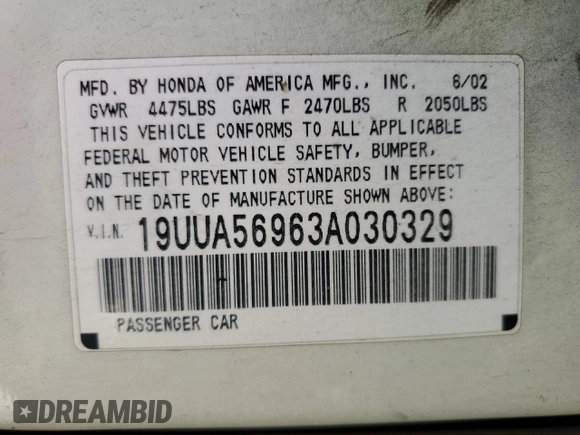 2003 Acura TL Type S w/Navigation System with VIN 19UUA56963A030329, listed as a Copart auction lot 58251334 with 180,159 mi miles and Salvage Title. Bid and sale history available at carsss.com. Image 12.