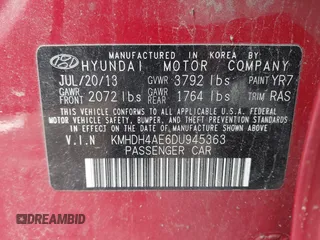 2013 Hyundai Elantra GLS с VIN KMHDH4AE6DU945363, выставлен на аукционе IAAI как лот 42333573 с пробегом 123 417 миль миль и . История ставок и продаж доступна на DreamBid. Изображение 9.