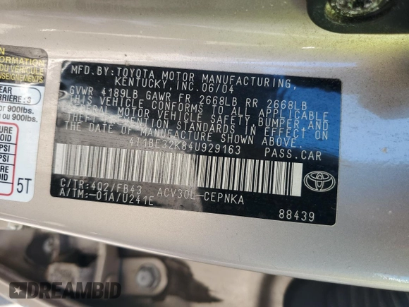 2004 Toyota Camry LE with VIN 4T1BE32K84U929163, listed as a Copart auction lot 65193485 with 245,734 mi miles and Clean title. Bid and sale history available at DreamBid. Image 12.