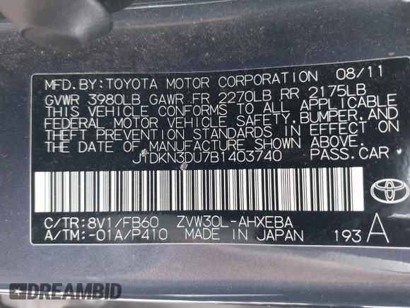 2011 Toyota Prius I with VIN JTDKN3DU7B1403740, listed as a IAAI auction lot 42141181 with 209,389 mi miles and . Bid and sale history available at DreamBid. Image 9.