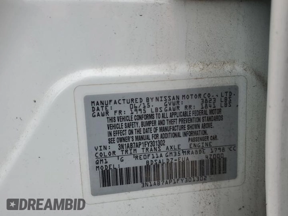 2015 Nissan Sentra S with VIN 3N1AB7AP1FY301302, listed as a Copart auction lot 53671685 with 71,041 mi miles and Salvage Title. Bid and sale history available at carsss.com. Image 12.