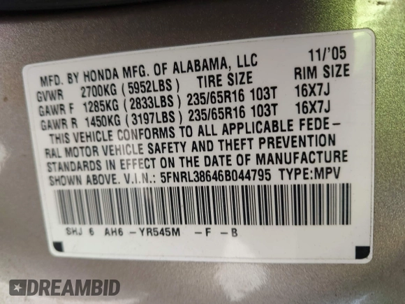 2006 Honda Odyssey EX-L with VIN 5FNRL38646B044795, listed as a IAAI auction lot 42102422 with 213,194 mi miles and . Bid and sale history available at carsss.com. Image 9.