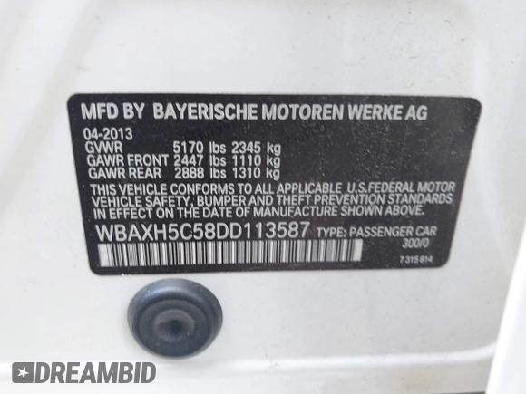 2013 BMW 5 Series 528i xDrive with VIN WBAXH5C58DD113587, listed as a IAAI auction lot 42197848 with 106,085 mi miles and . Bid and sale history available at DreamBid. Image 9.