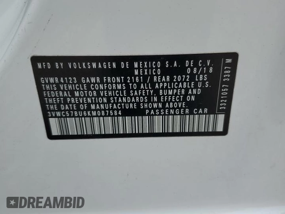 2019 Volkswagen Jetta S with VIN 3VWC57BU6KM087584, listed as a Copart auction lot 58813645 with 138,089 mi miles and Salvage title. Bid and sale history available at DreamBid. Image 12.