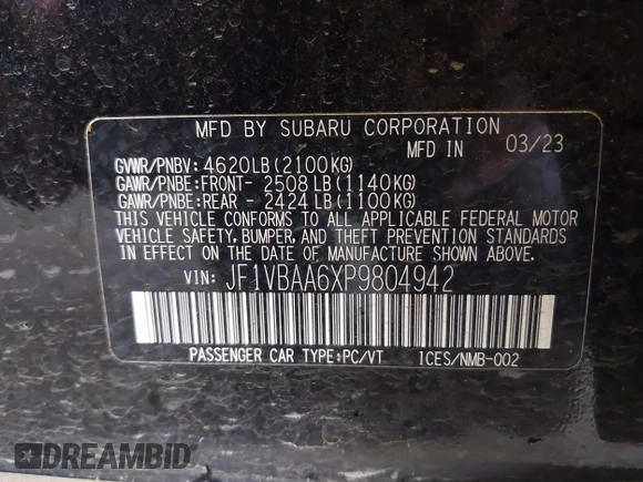 2023 Subaru WRX с VIN JF1VBAA6XP9804942, выставлен на аукционе IAAI как лот 41039281 с пробегом 21 288 миль миль и . История ставок и продаж доступна на DreamBid. Изображение 9.