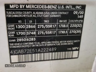 2001 Mercedes-Benz M 320/430/500 with VIN 4JGAB72E51A222489, listed as a Copart auction lot 51674925 with 226,108 mi miles and Clean title. Bid and sale history available at DreamBid. Image 14.