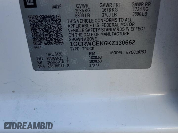 2019 Chevrolet Silverado 1500 LT with VIN 1GCRWCEK6KZ330662, listed as a Copart auction lot 88705005 with 165,583 mi miles and Clean Title. Bid and sale history available at DreamBid. Image 12.