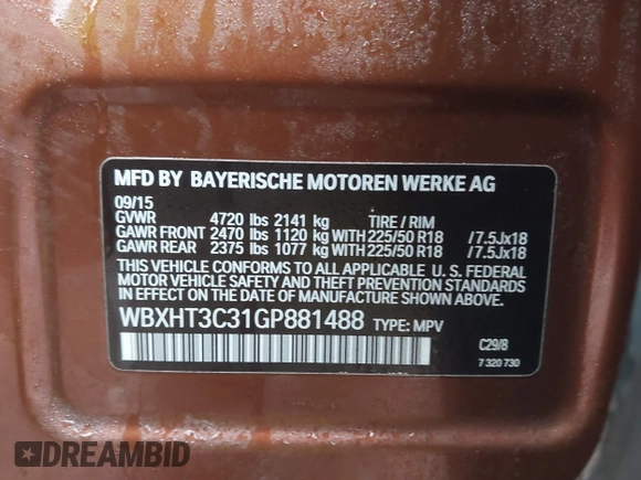 2016 BMW X1 xDrive28i with VIN WBXHT3C31GP881488, listed as a IAAI auction lot 41693116 with 120,922 mi miles. Bid and sale history available at carsss.com. Image 9.