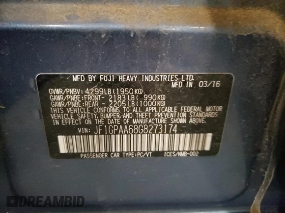 2016 Subaru Impreza 2.0i z VIN JF1GPAA68G8273174, wystawiony jako Copart lot #53143195 z przebiegiem 117 491 mil mil oraz Szkoda całkowita • Salvage title. Historia ofert i sprzedaży dostępna na DreamBid. Obrazek 13.
