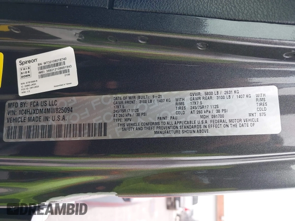2021 Jeep Wrangler Unlimited Willys with VIN 1C4HJXDM4MW825094, listed as a IAAI auction lot 41515794 with 41,653 mi miles and . Bid and sale history available at DreamBid. Image 9.