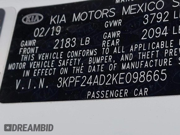 2019 Kia Forte LXS z VIN 3KPF24AD2KE098665, wystawiony jako IAAI lot #42623214 z przebiegiem 124 857 mil mil oraz . Historia ofert i sprzedaży dostępna na DreamBid. Obrazek 9.