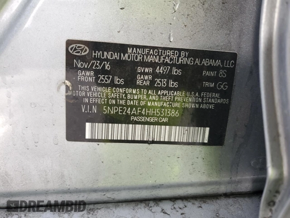 2017 Hyundai Sonata 2.4L with VIN 5NPE24AF4HH531386, listed as a Copart auction lot 44931695 with 127,706 mi miles and Salvage Title. Bid and sale history available at carsss.com. Image 12.