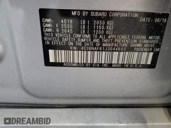 2018 Subaru Legacy Premium with VIN 4S3BNAF61J3044603, listed as a Copart auction lot 63471505 with 67,582 mi miles and Salvage title. Bid and sale history available at DreamBid. Image 12.