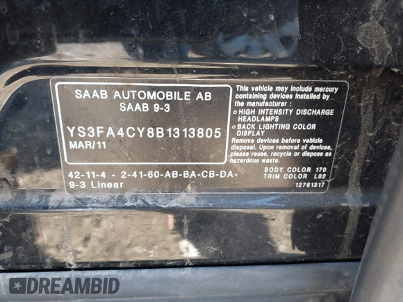 2011 Saab 9-3 z VIN YS3FA4CY8B1313805, wystawiony jako IAAI lot #41859385 z przebiegiem 173 238 mil mil oraz . Historia ofert i sprzedaży dostępna na DreamBid. Obrazek 9.