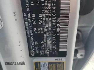 2020 Kia Optima LX with VIN 5XXGT4L38LG447102, listed as a Copart auction lot 57464255 with 43,988 mi miles and Salvage title. Bid and sale history available at DreamBid. Image 12.
