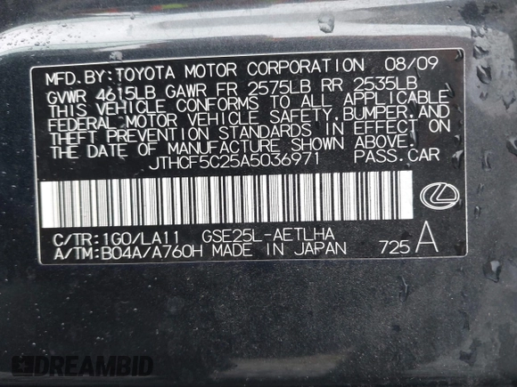 2010 Lexus IS 250 with VIN JTHCF5C25A5036971, listed as a IAAI auction lot 41861183 with 82,253 mi miles and . Bid and sale history available at carsss.com. Image 9.