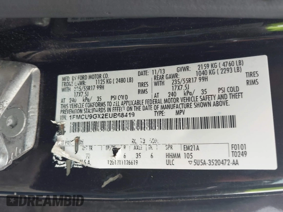 2014 Ford Escape SE with VIN 1FMCU9GX2EUB68419, listed as a IAAI auction lot 42741491 with Not provided miles and . Bid and sale history available at DreamBid. Image 9.