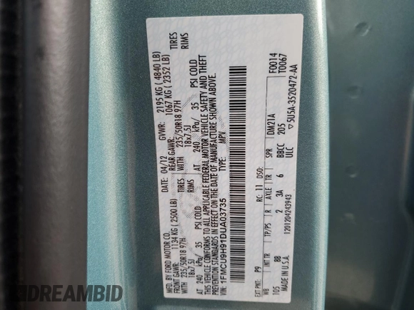 2013 Ford Escape SEL with VIN 1FMCU9H91DUA03735, listed as a Copart auction lot 48357294 with 115,523 mi miles and Salvage Title. Bid and sale history available at carsss.com. Image 13.