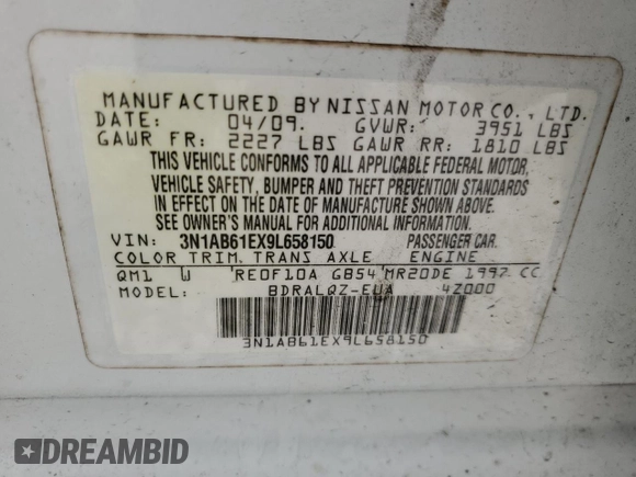 2009 Nissan Sentra SR FE+ with VIN 3N1AB61EX9L658150, listed as a Copart auction lot 52736025 with 109,951 mi miles and Salvage title. Bid and sale history available at DreamBid. Image 13.