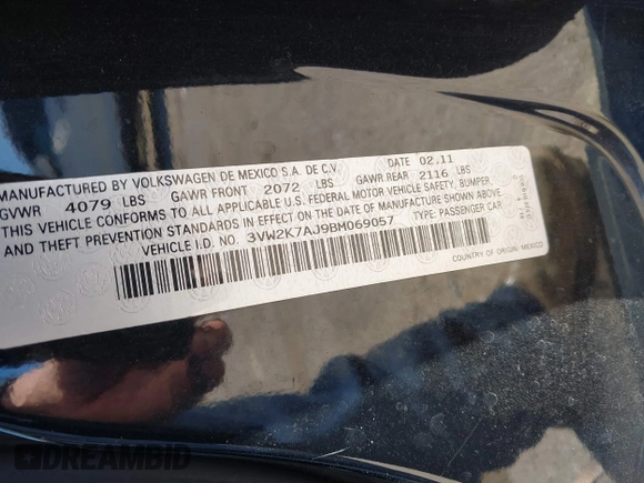 2011 Volkswagen Jetta Sedan S with VIN 3VW2K7AJ9BM069057, listed as a IAAI auction lot 41656285 with 208,001 mi miles. Bid and sale history available at carsss.com. Image 9.