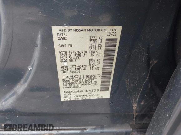 2010 Nissan Titan SE with VIN 1N6BA0ED1AN304375, listed as a IAAI auction lot 41384892 with 241,626 mi miles. Bid and sale history available at carsss.com. Image 9.
