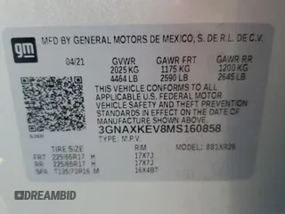 2021 Chevrolet Equinox LT with VIN 3GNAXKEV8MS160858, listed as a Copart auction lot 53155325 with 48,465 mi miles and Salvage Title. Bid and sale history available at DreamBid. Image 14.