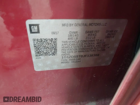 2018 Chevrolet Malibu LT with VIN 1G1ZD5ST0JF139388, listed as a IAAI auction lot 42187281 with 135,051 mi miles. Bid and sale history available at carsss.com. Image 9.