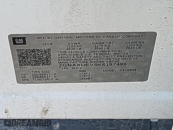 2019 Chevrolet Equinox LT z VIN 2GNAXUEV5K6197499, wystawiony jako IAAI lot #42554301 z przebiegiem 99 345 mil mil oraz . Historia ofert i sprzedaży dostępna na DreamBid. Obrazek 13.