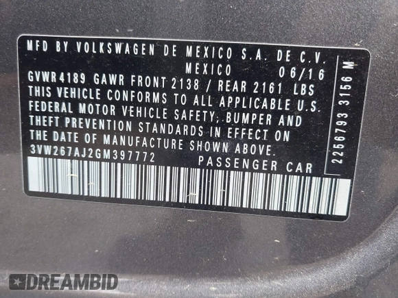 2016 Volkswagen Jetta Sedan 1.4T S w/Technology with VIN 3VW267AJ2GM397772, listed as a IAAI auction lot 41974226 with 64,631 mi miles. Bid and sale history available at carsss.com. Image 9.