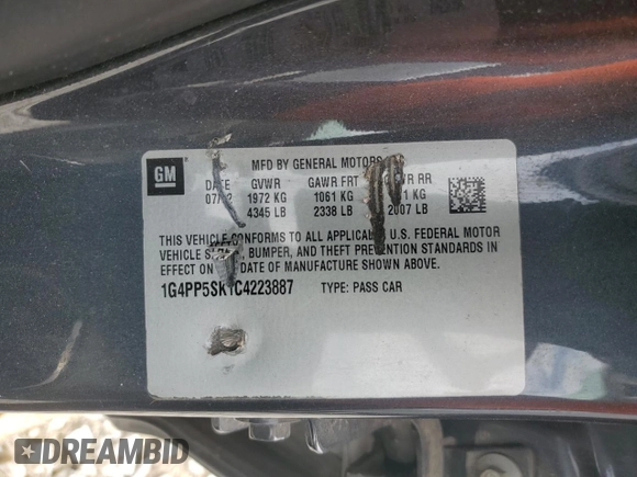 2012 Buick Verano with VIN 1G4PP5SK1C4223887, listed as a Copart auction lot 58229825 with 181,946 mi miles and Clean title. Bid and sale history available at DreamBid. Image 12.