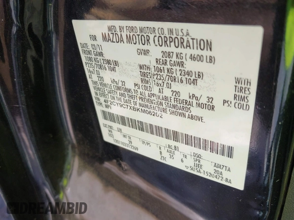 2011 Mazda Tribute Sport with VIN 4F2CY9C7XBKM06202, listed as a IAAI auction lot 41281197 with 195,443 mi miles and . Bid and sale history available at DreamBid. Image 9.