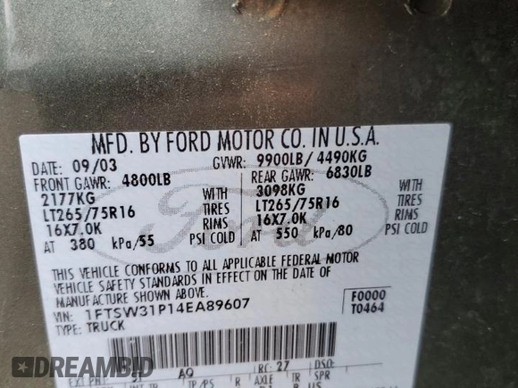2004 Ford F-350 XL with VIN 1FTSW31P14EA89607, listed as a Copart auction lot 54424865 with 105,123 mi miles and Salvage title. Bid and sale history available at DreamBid. Image 13.