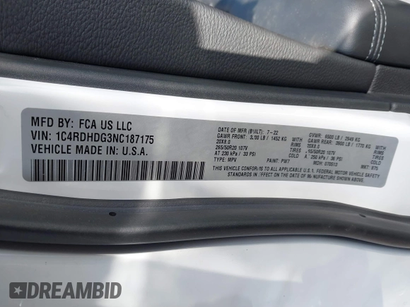 2022 Dodge Durango GT Plus with VIN 1C4RDHDG3NC187175, listed as a IAAI auction lot 41560375 with 6,884 mi miles and . Bid and sale history available at DreamBid. Image 9.