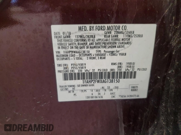 2010 Ford Taurus Limited with VIN 1FAHP2FWXAG138150, listed as a Copart auction lot 53135915 with 95,720 mi miles and Salvage Title. Bid and sale history available at carsss.com. Image 12.