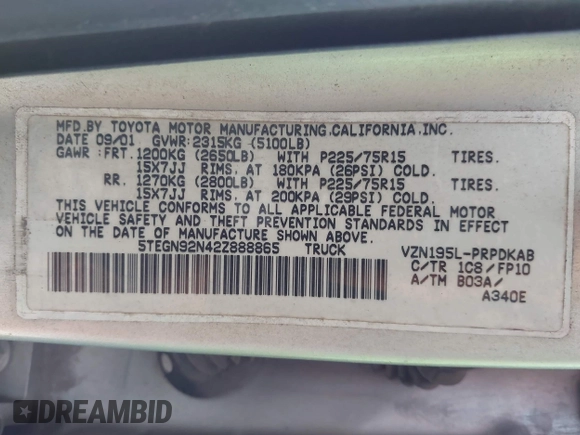 2002 Toyota Tacoma PreRunner with VIN 5TEGN92N42Z888865, listed as a IAAI auction lot 41674113 with 229,651 mi miles and . Bid and sale history available at DreamBid. Image 9.