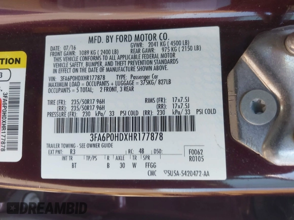 2017 Ford Fusion SE with VIN 3FA6P0HDXHR177878, listed as a IAAI auction lot 42610959 with 97,242 mi miles and . Bid and sale history available at DreamBid. Image 9.