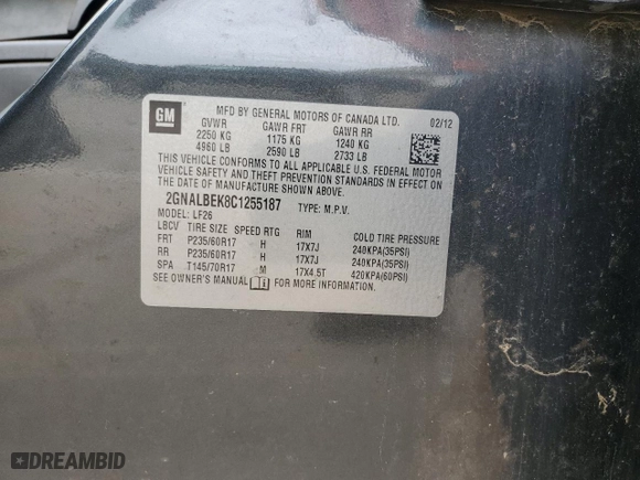2012 Chevrolet Equinox LS with VIN 2GNALBEK8C1255187, listed as a Copart auction lot 53187145 with 185,711 mi miles and Clean Title. Bid and sale history available at carsss.com. Image 13.