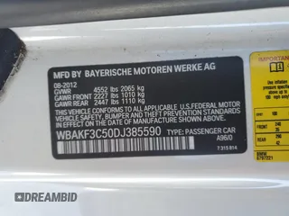 2013 BMW 3 Series 328i xDrive with VIN WBAKF3C50DJ385590, listed as a Copart auction lot 41650135 with 117,066 mi miles and Salvage Title. Bid and sale history available at carsss.com. Image 12.