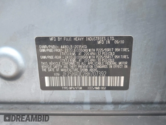 2011 Subaru Forester 2.5X Premium with VIN JF2SHADC2BH707392, listed as a IAAI auction lot 42049218 with 1 mi miles. Bid and sale history available at carsss.com. Image 9.