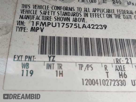 2005 Ford Expedition Eddie Bauer with VIN 1FMPU17575LA42239, listed as a IAAI auction lot 42696901 with 117,807 mi miles and . Bid and sale history available at DreamBid. Image 9.