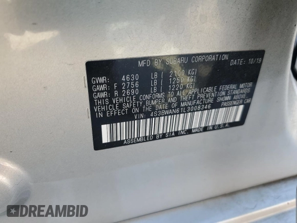 2020 Subaru Legacy Limited with VIN 4S3BWAN61L3008346, listed as a Copart auction lot 57170125 with 40,504 mi miles and Salvage title. Bid and sale history available at DreamBid. Image 13.