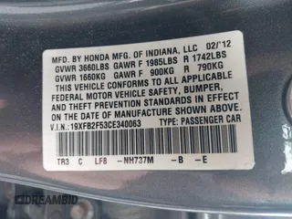 2012 Honda Civic LX with VIN 19XFB2F53CE340063, listed as a IAAI auction lot 42249889 with 291,354 mi miles and . Bid and sale history available at DreamBid. Image 9.