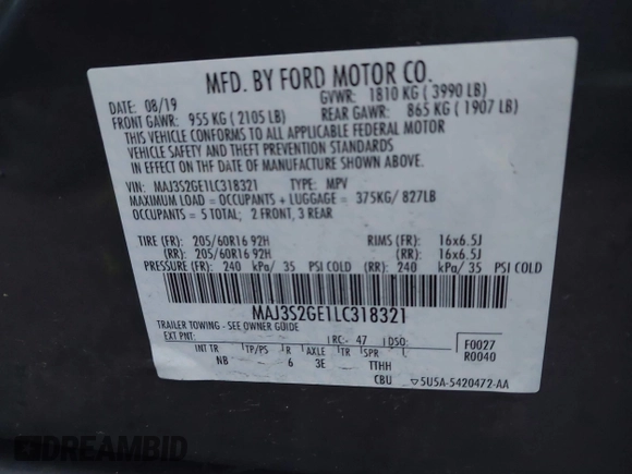 2020 Ford EcoSport SE with VIN MAJ3S2GE1LC318321, listed as a IAAI auction lot 41943183 with 72,141 mi miles. Bid and sale history available at carsss.com. Image 9.