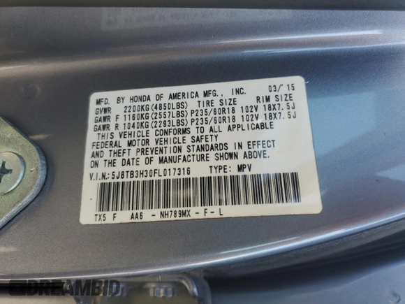 2015 Acura RDX with VIN 5J8TB3H30FL017316, listed as a Copart auction lot 45601865 with 82,586 mi miles and Salvage title. Bid and sale history available at DreamBid. Image 14.