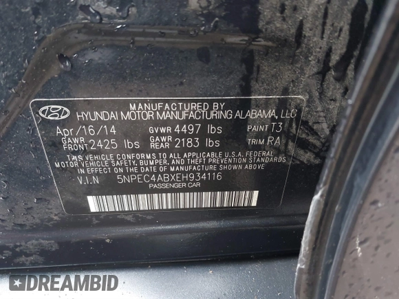 2014 Hyundai Sonata Limited with VIN 5NPEC4ABXEH934116, listed as a IAAI auction lot 41546415 with 105,136 mi miles and . Bid and sale history available at DreamBid. Image 9.