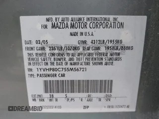 2005 Mazda 6 Sport with VIN 1YVHP80C755M56721, listed as a IAAI auction lot 42210963 with 147,349 mi miles and . Bid and sale history available at DreamBid. Image 9.