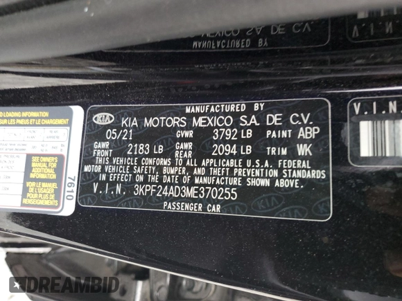 2021 Kia Forte LXS with VIN 3KPF24AD3ME370255, listed as a Copart auction lot 79855934 with 26,057 mi miles and Salvage title. Bid and sale history available at DreamBid. Image 12.