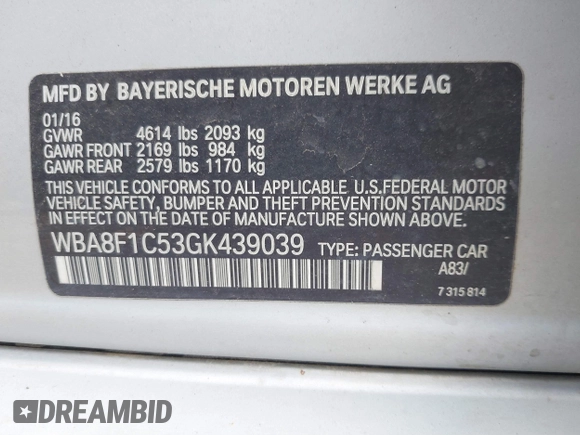 2016 BMW 3 Series with VIN WBA8F1C53GK439039, listed as a IAAI auction lot 40713471 with 117,595 mi miles and . Bid and sale history available at DreamBid. Image 9.