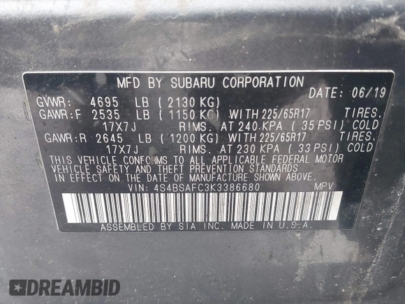 2019 Subaru Outback Premium with VIN 4S4BSAFC3K3386680, listed as a IAAI auction lot 42170056 with 114,458 mi miles and . Bid and sale history available at DreamBid. Image 9.