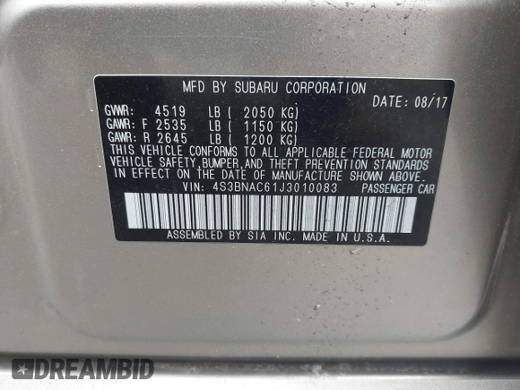 2018 Subaru Legacy Premium with VIN 4S3BNAC61J3010083, listed as a IAAI auction lot 42703020 with 146,492 mi miles and . Bid and sale history available at DreamBid. Image 9.